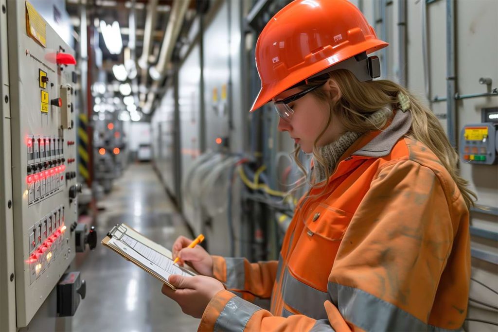 A female worker in a hard hat and safety gear inspecting equipment.